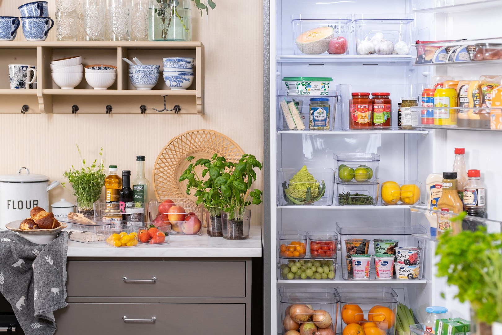 SmartStore Compact Clear Containers in fridge and kitchen countertop