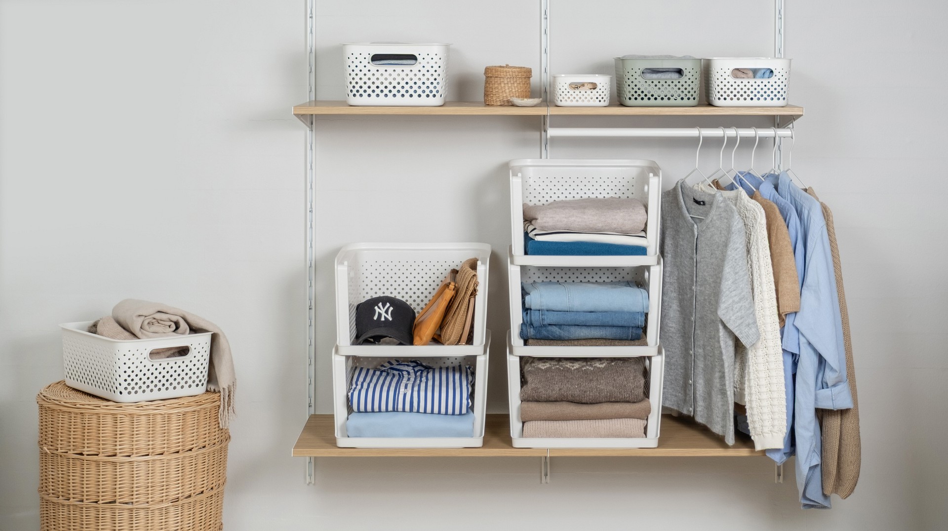 SmartStore Essence and Essence Stack baskets in a wardrobe