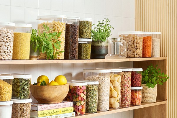 SmartStore Flip dry food keepers on a shelf